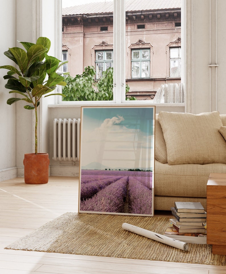 May include: A framed photograph of a lavender field with a blue sky and white clouds in the background. The field is in rows and the lavender is in bloom. The photo is hanging on a wall in a living room.