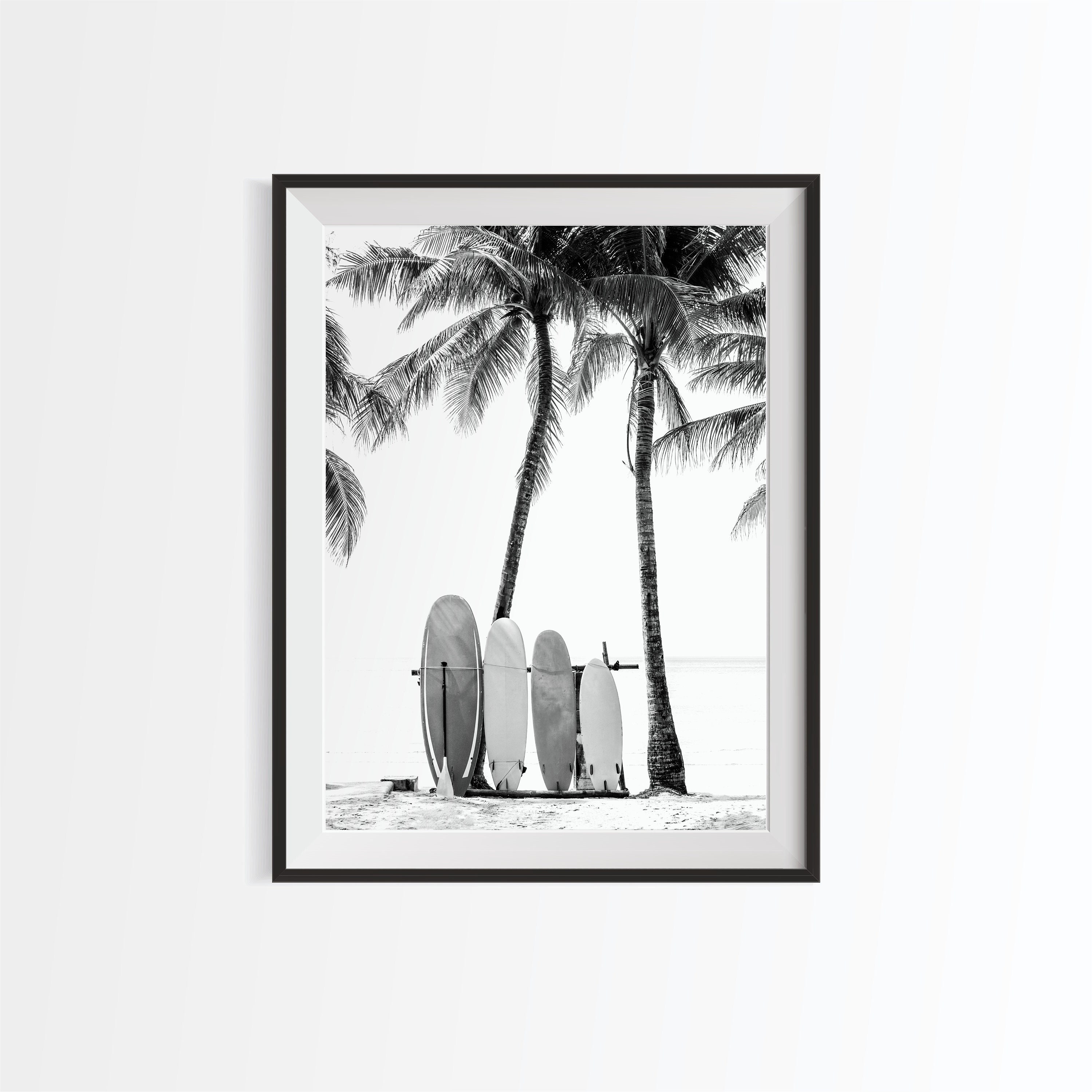 Black and white Surfboards print, surf beach photography, palm tree surf board poster, tropical coast digital print, printable wall art