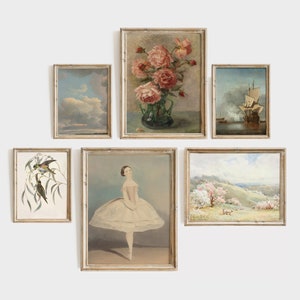 Antique girls room wall art, vintage nursery gallery set of 6 prints, pastel pink ballerina painting, digital download