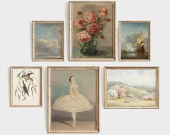 Antique girls room wall art, vintage nursery gallery set of 6 prints, pastel pink ballerina painting, digital download