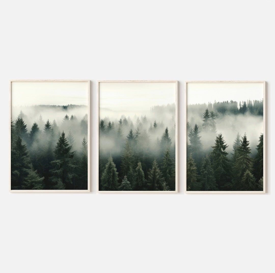 Foggy Forest Wall Art Set of 3 Prints, Misty Forest Triptych Wall Art ...