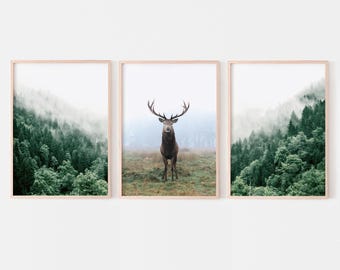 Forest landscape prints set of 3, foggy forest mountain wall art, nature triptych, deer photography, printable wall art