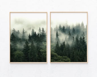 Misty forest 2 piece wall art, foggy forest prints set, nature photography, digital download