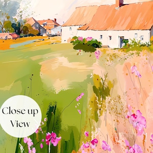 May include: A watercolor-style painting depicting a rural landscape with white farmhouses featuring orange roofs. The foreground is filled with vibrant green grass and scattered pink wildflowers. A circular white overlay contains the text Close up View.