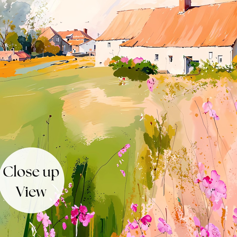 May include: A watercolor-style painting depicting a rural landscape with white farmhouses featuring orange roofs. The foreground is filled with vibrant green grass and scattered pink wildflowers. A circular white overlay contains the text Close up View.