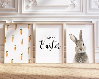 Easter printable set of 3 prints, easter bunny digital posters, happy Easter typography, printable wall art