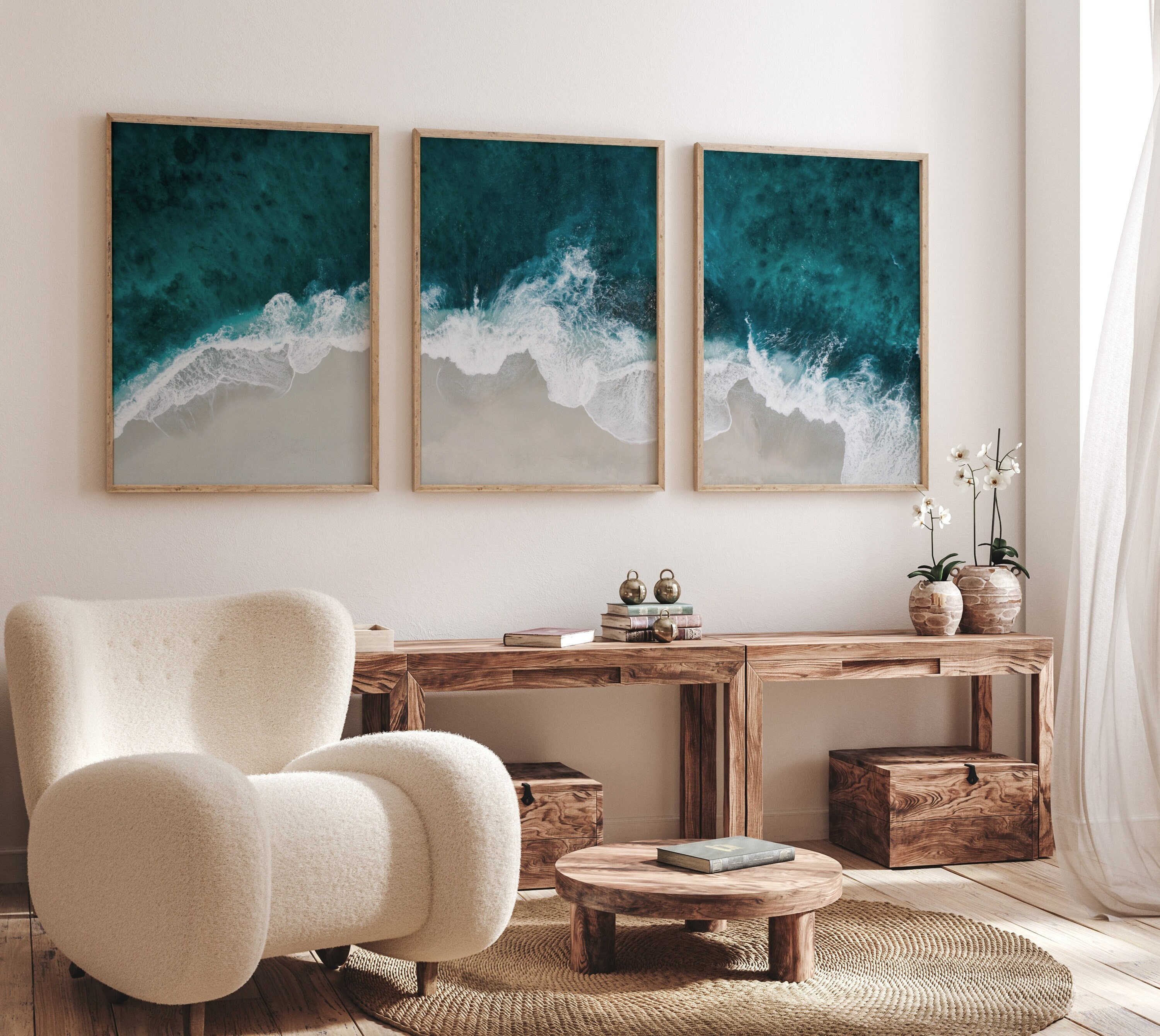 Ocean Triptych Wall Art, Ocean Waves Prints Set of 3, Aerial Coast