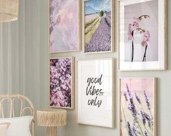 Purple gallery wall prints, purple floral prints set of 6, boho lavender digital posters, printable wall art