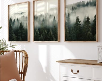 Forest wall art set of 3 prints, misty forest triptych wall art, nature prints, digital download, printable wall art