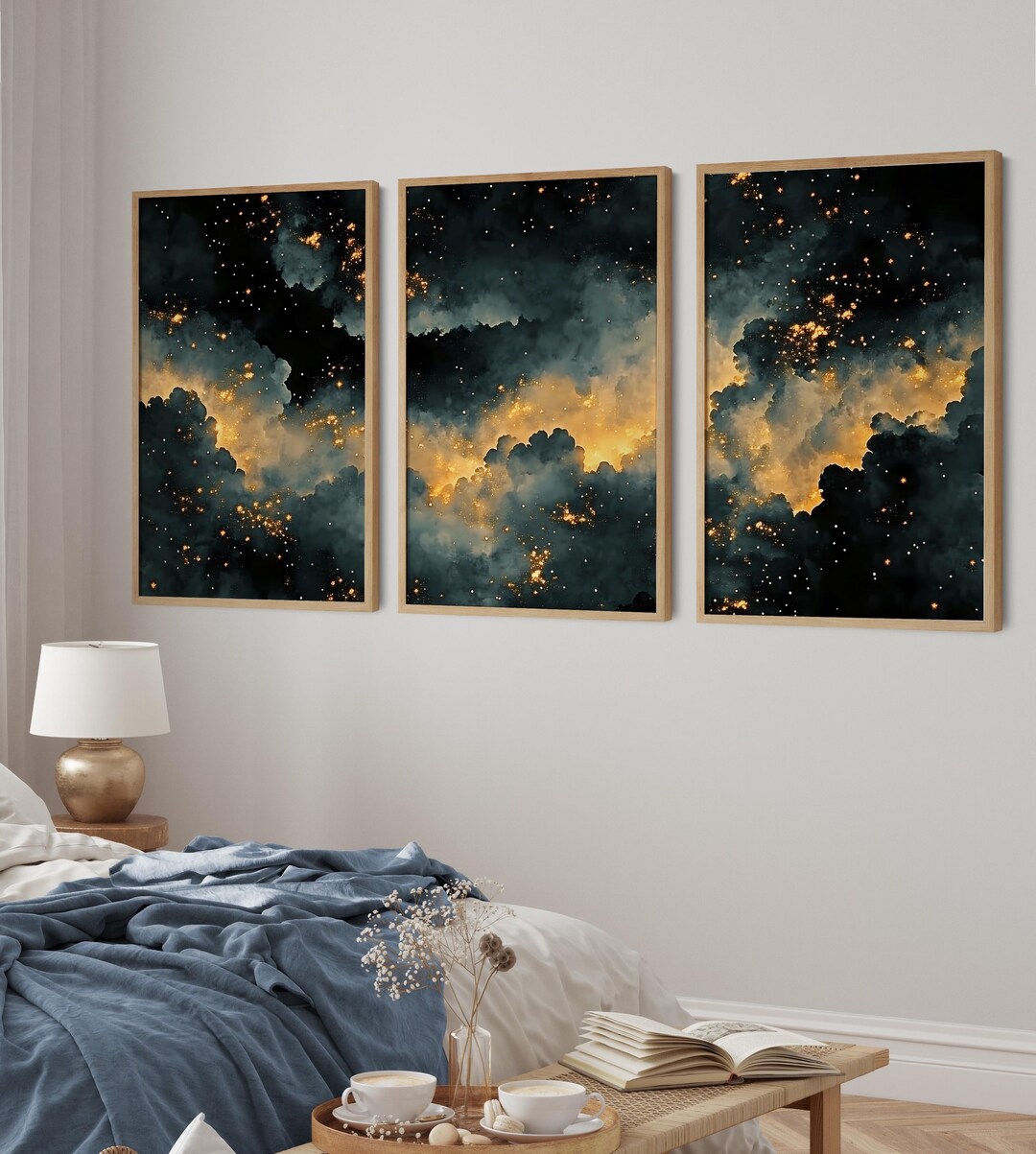 Moody Celestial Prints Set of 3, Starry Night Sky Paintings, Dark Blue ...