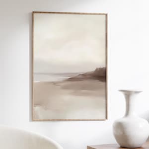 Abstract classic neutral seascape painting print, minimalist wabi sabi beige landscape artwork, large printable wall art