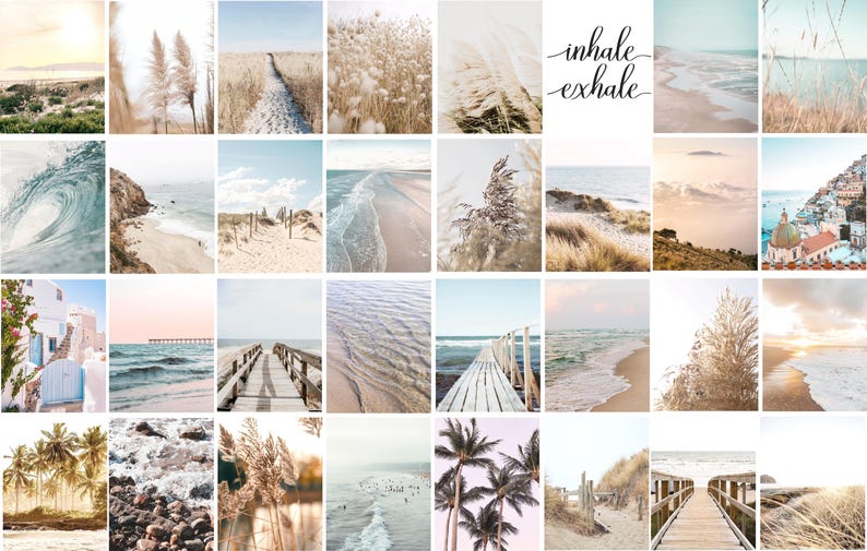May include: A collage of 25 images featuring a beach theme. The images include sandy beaches, ocean waves, palm trees, wooden walkways, and a quote that reads "inhale exhale".