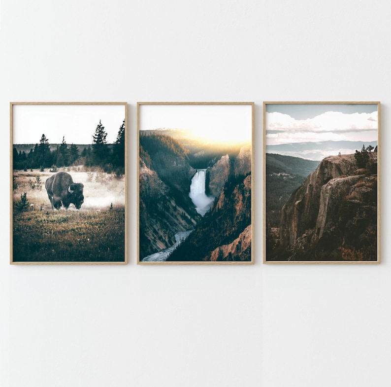 Yellowstone prints set of 3, National Park wall art, Grand Canyon posters, buffalo photography, printable wall art image 1
