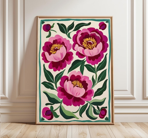 Pink Peonies print, modern colorful peony art, abstract summer flowers poster, large printable wall art