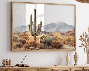 Arizona desert saguaro print, desert landscape illustration, Southwest cactus digital poster, large saguaro printable wall art