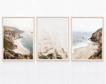 Boho neutral coastal prints set of 3, beach pampas photography, beachy bedroom wall art