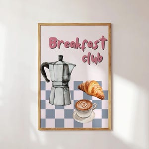 Lámina artística de Breakfast Club, póster de café y croissant, ilustración de cocina moderna (descarga digital)