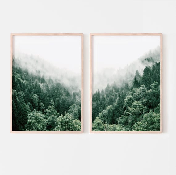 Foggy forest prints set of 2, nature prints, forest landscape photography, pine trees mountain posters, printable wall art