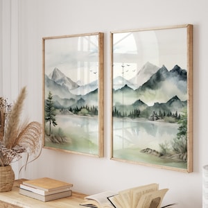 Abstract mountains 2 piece wall art, watercolor mountain landscape prints set of 2, printable wall art