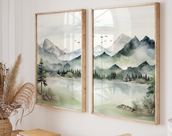 Abstract mountains 2 piece wall art, watercolor mountain landscape prints set of 2, printable wall art