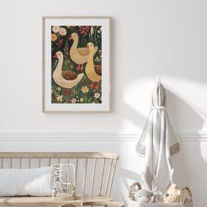 May include: A framed illustration of three white geese walking through a field of green grass and colourful flowers.