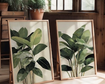 Green Plants Prints Set of 2, Modern Minimalist Botanical Ficus Wall Art, Digital Download