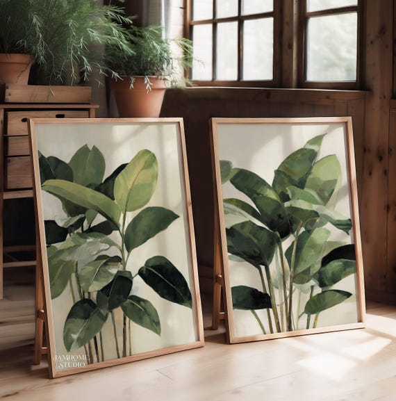 Green Plants Prints Set of 2, Modern Minimalist Botanical Ficus Wall Art, Digital Download