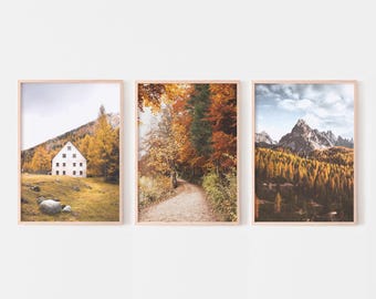Fall Landscape Set of 3 prints, Autumn Nature posters, Fall Forest Photography Prints, Farmhouse Nature Decor, Printable Wall Art
