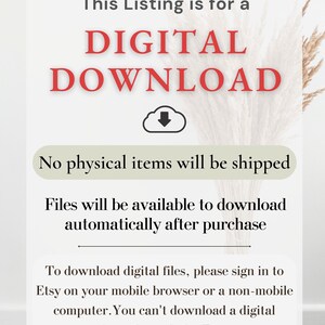 Puede incluir: Anuncio de venta para una descarga digital, con las palabras "DIGITAL DOWNLOAD" en rojo. El texto especifica que no se enviar&aacute;n art&iacute;culos f&iacute;sicos y que los archivos est&aacute;n disponibles para descargar autom&aacute;ticamente despu&eacute;s de la compra. Se proporcionan instrucciones.