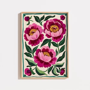 May include: A framed print featuring a floral design with three pink and magenta peonies with green leaves on a cream background.