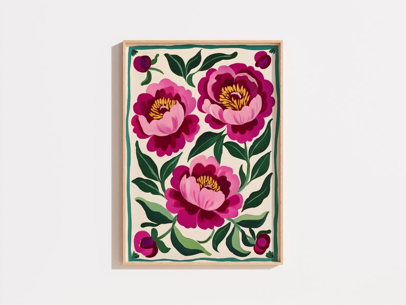 May include: A framed print featuring a floral design with three pink and magenta peonies with green leaves on a cream background.