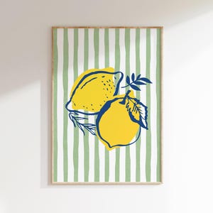 Modern striped lemons art print, green stripes kitchen poster, retro lemons printable wall art