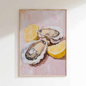 Pastel pink oysters print painting, oysters shell lemons kitchen poster, trendy sea food dining room art, aesthetic large printable wall art