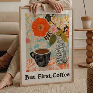 Ale najpierw wydruk ścienny z kawą, plakat z retro wózkiem na kawę, maksymalistyczna sztuka kuchenna, wydruk ścienny z motywem miłośnika kawy