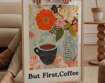 But first coffee wall art print, retro coffee cart poster, maximalist kitchen art, coffee lover printable wall decor