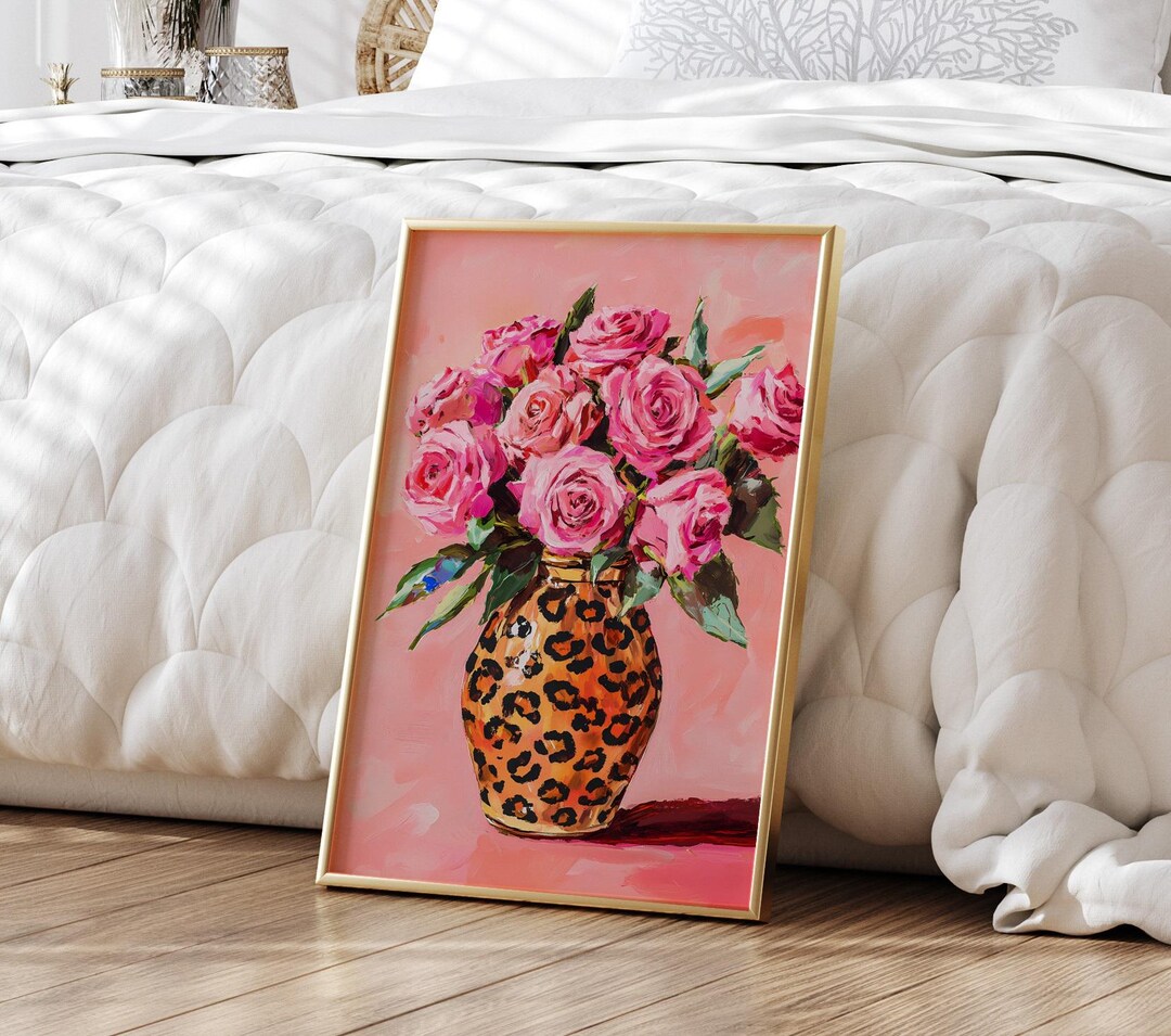 Vibrant Pink Roses Print, Leopard Vase Painting, Pinky Fashion Floral ...