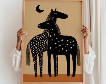 Minimalist horses art print, boho nursery horse illustration, modern abstract western animals poster, kids room printable wall art
