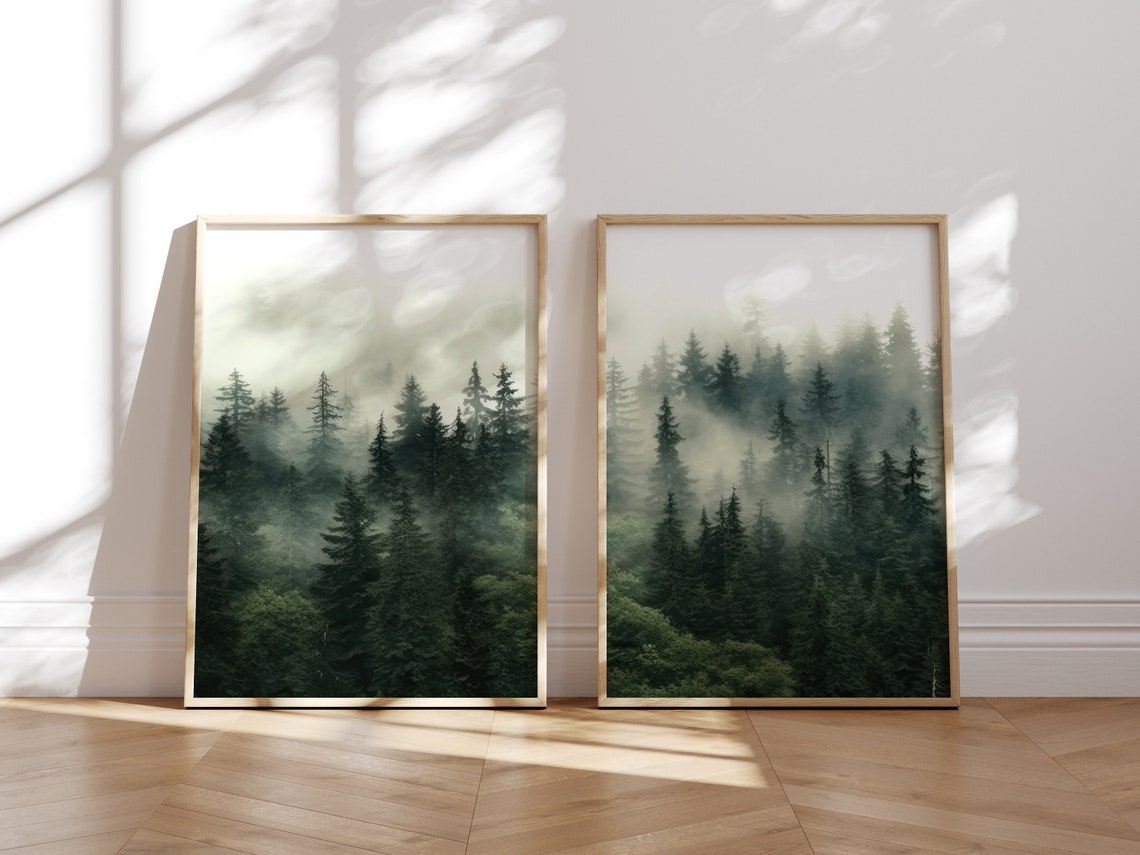 Misty Forest 2 Piece Wall Art, Foggy Forest Prints Set, Nature ...