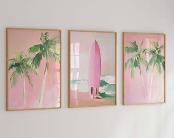 Pastel Pink Surf Beach Prints: Coquette Coastal Wall Art (Digital Download Set of 3)