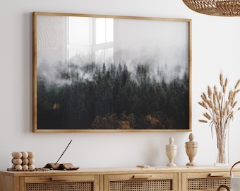 Foggy dark forest print, misty forest digital photography, mountains forest poster, large nature printable wall art