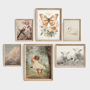 Vintage girls bedroom prints set of 6, cottage nursery wall art, countryside girls gallery illustrations, digital download