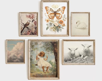 Vintage girls bedroom prints set of 6, cottage nursery wall art, countryside girls gallery illustrations, digital download