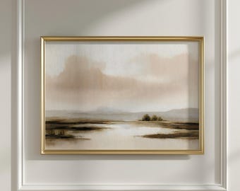 Abstract beige landscape painting, neutral minimalist nature art print, digital download