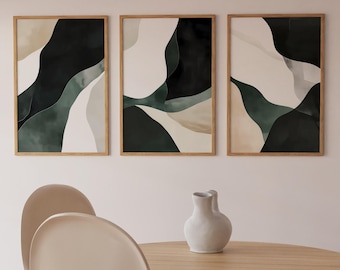 May include: Three framed abstract art prints with a minimalist design featuring black, white, and green watercolor shapes.