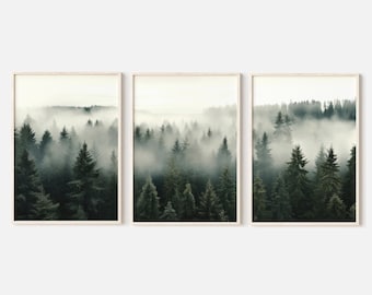 Foggy Forest 3-teilige Wandkunst, nebliger Waldlandschafts-Triptychondruck, Natur Digital Download