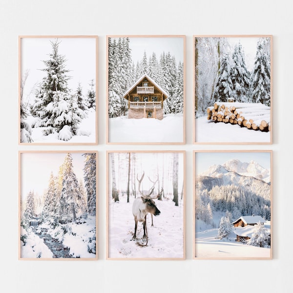 Winter prints set of 6, Snowy landscape photography, holiday reindeer gallery wall,  printable art