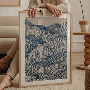 Abstract blue wave line art print, neutral minimalist ocean lines poster, digital download