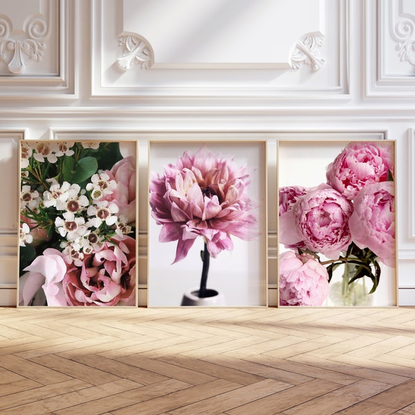 Pink peonies prints set of 3, pink flowers gallery wall set, floral botanical posters, modern printable wall art