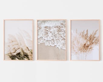 Neutral Boho Pampas Beach Gallery Set of 3 Prints (Digital Download)