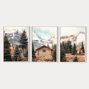 Landscape triptych wall art, forest cabin 3 piece wall art, country nature photography, printable wall art